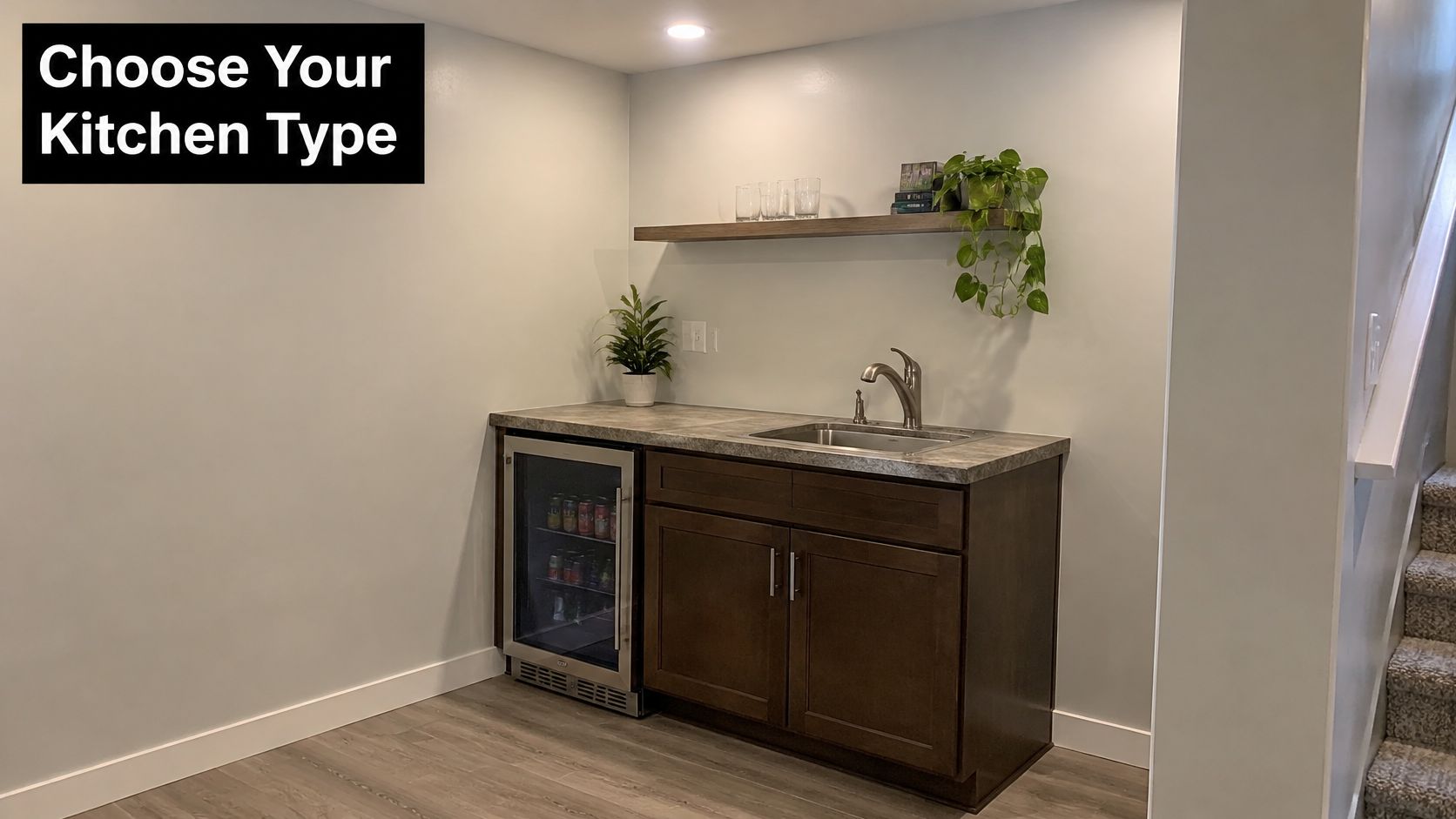 A small basement wet bar featuring dark wood cabinets, a mini fridge, sink, and floating wood shelf.