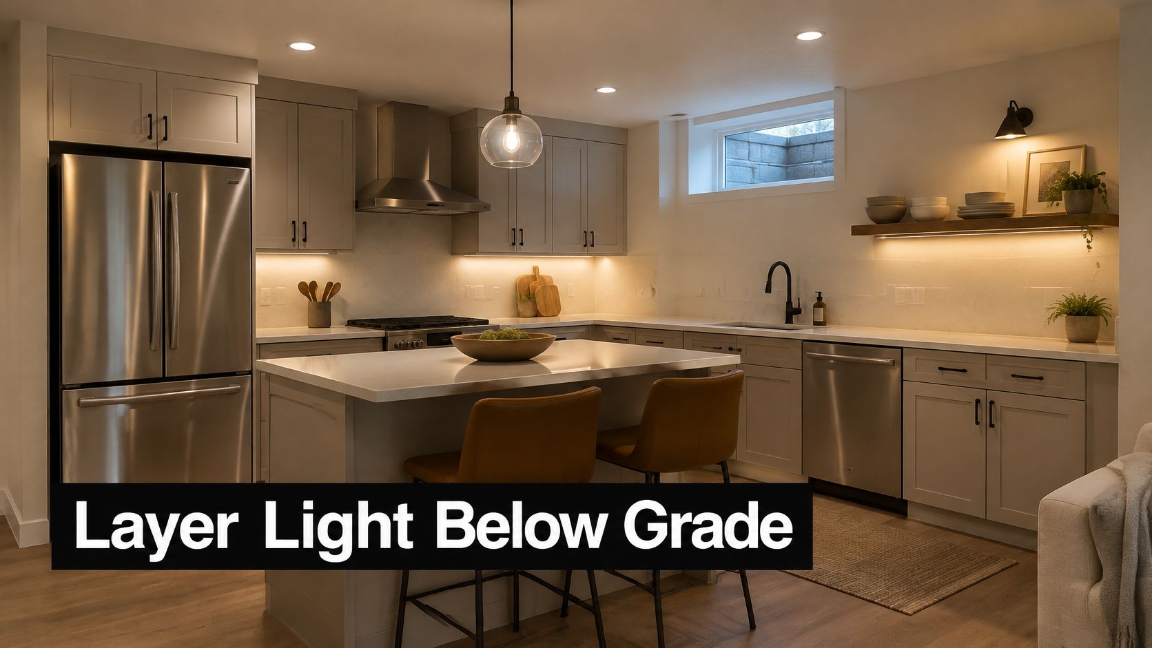 A modern basement kitchen featuring white cabinets, stainless steel appliances, and warm layered under-cabinet lighting.