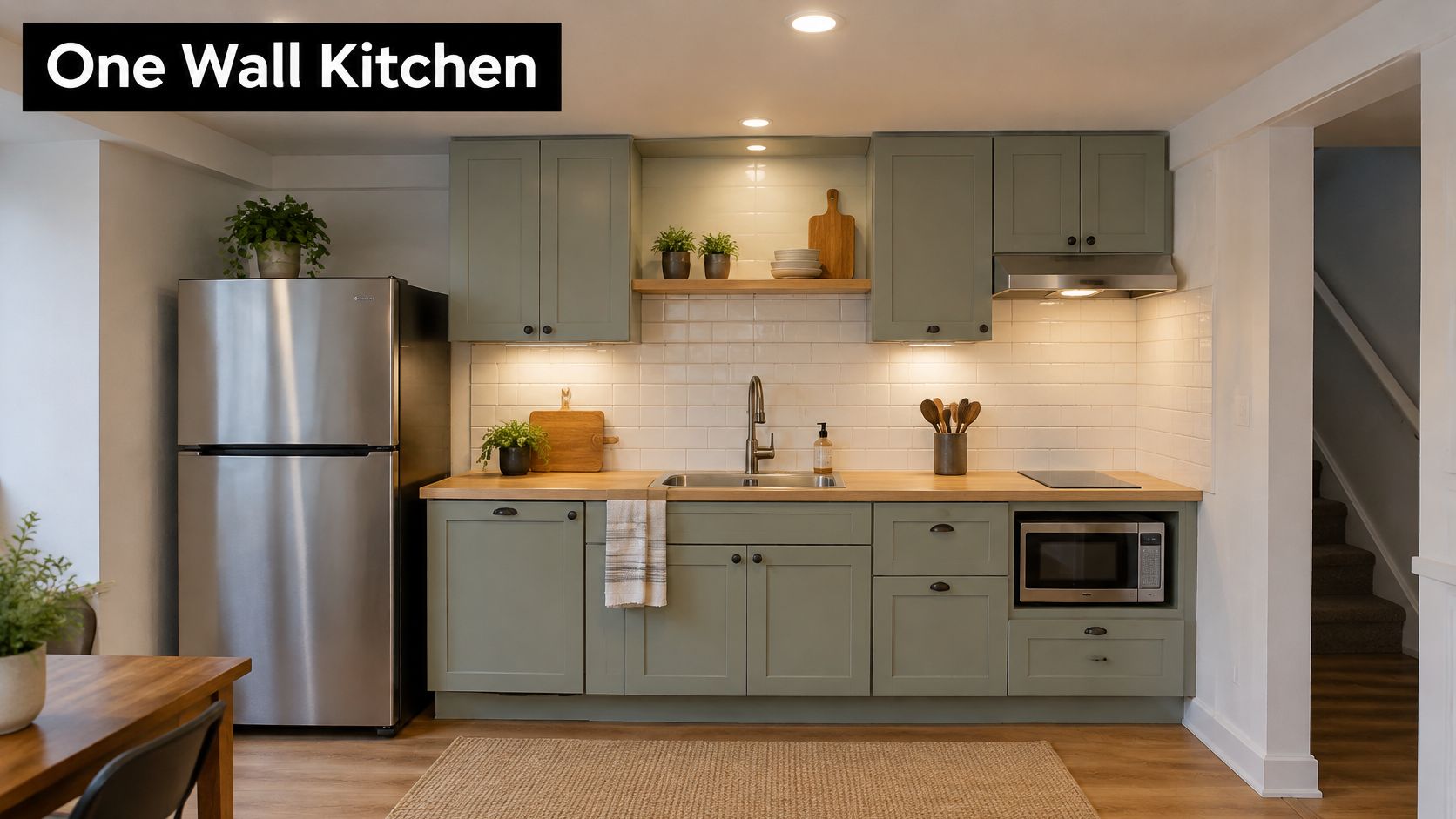 A modern small one-wall kitchen featuring olive green cabinets, light wood countertops, and stainless steel appliances.