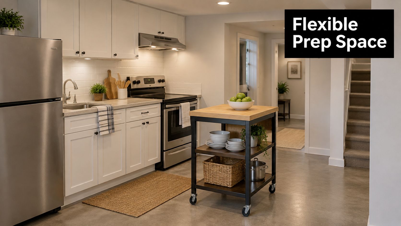 A bright, modern small basement kitchen featuring white cabinets, stainless steel appliances, and a mobile wooden kitchen island.