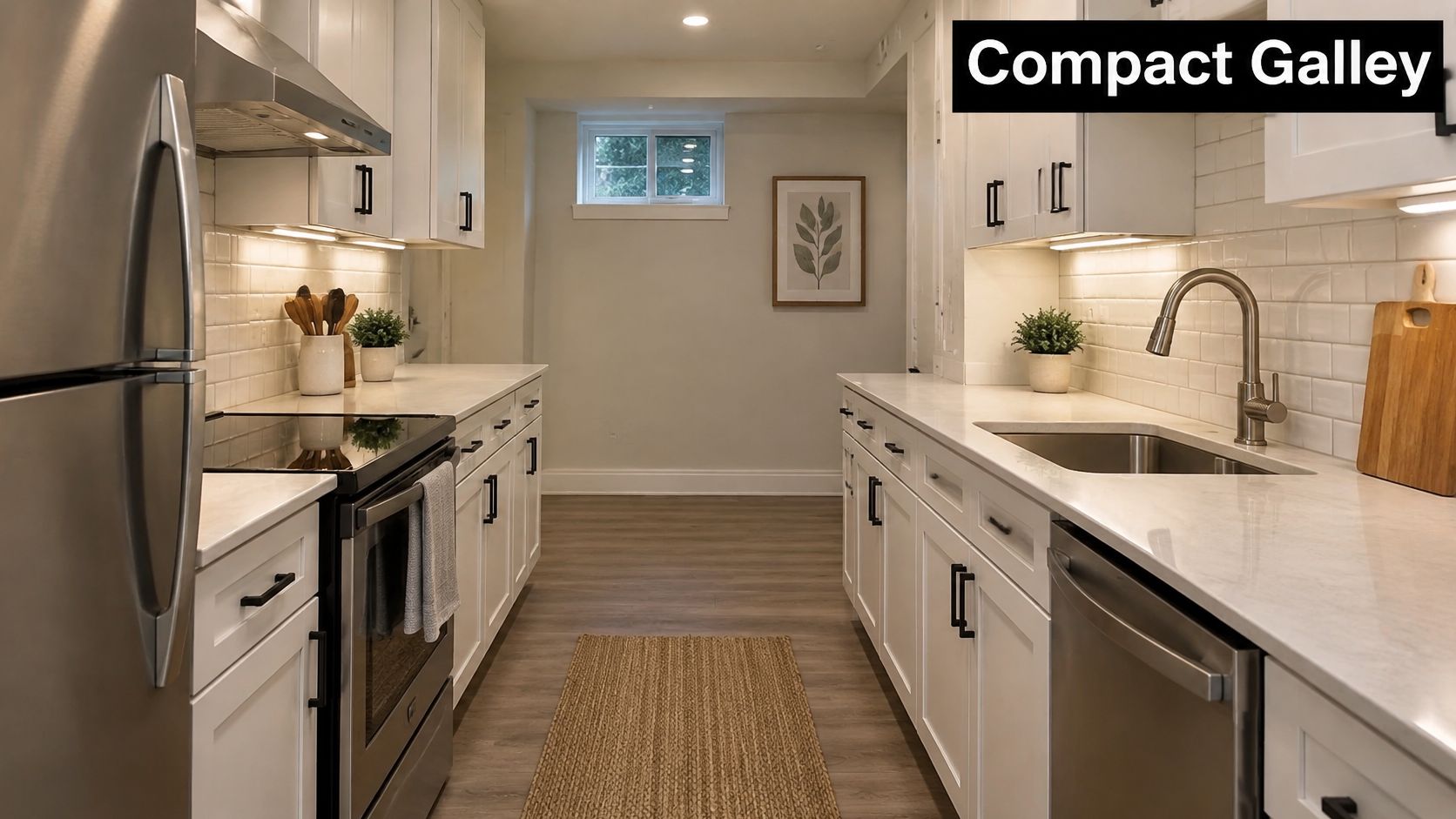 A modern and bright compact galley kitchen with white cabinets, stainless steel appliances, and subway tile backsplash.