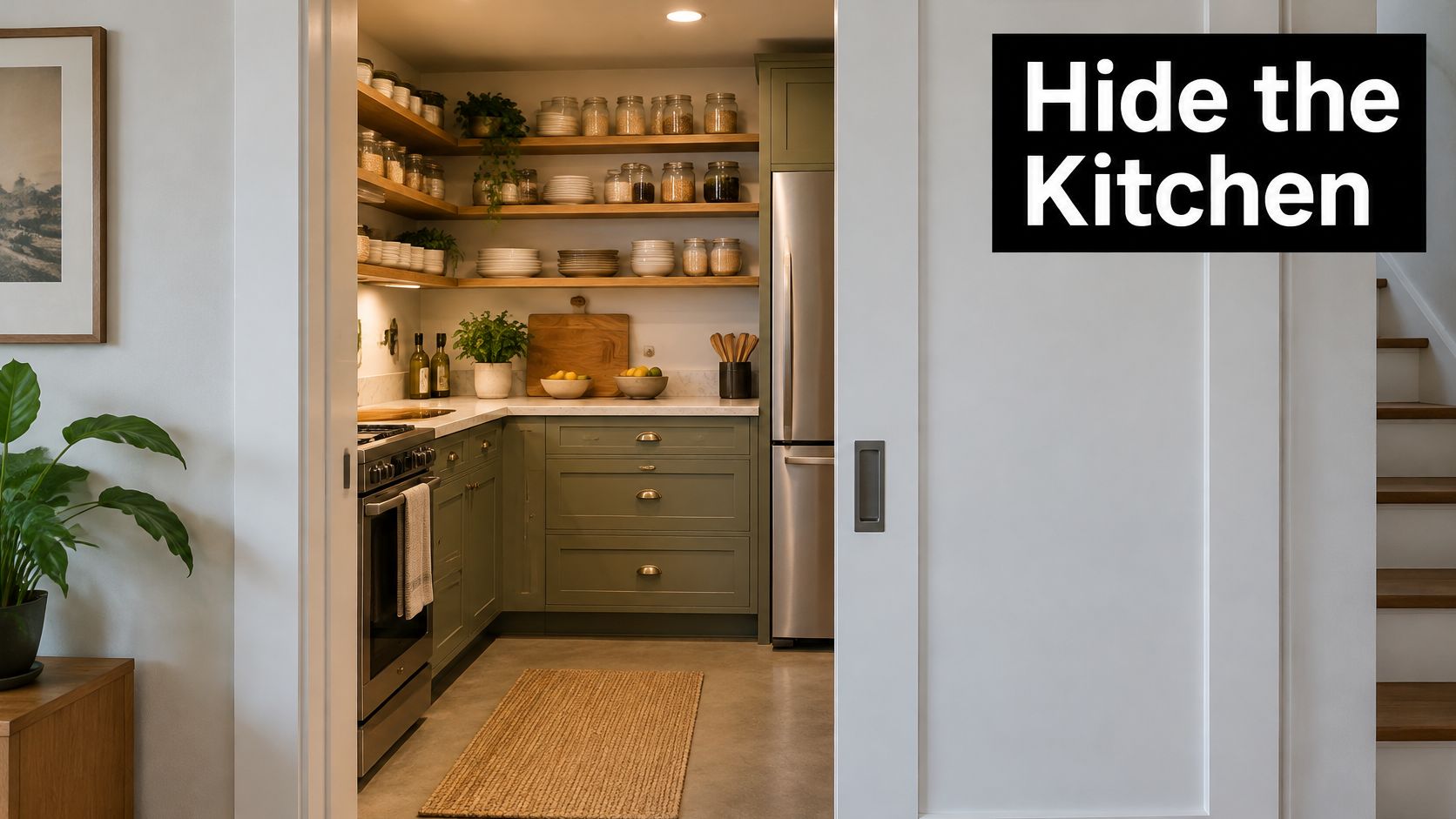 A small, organized kitchen nook hidden behind a sliding door with open shelving and green cabinetry.