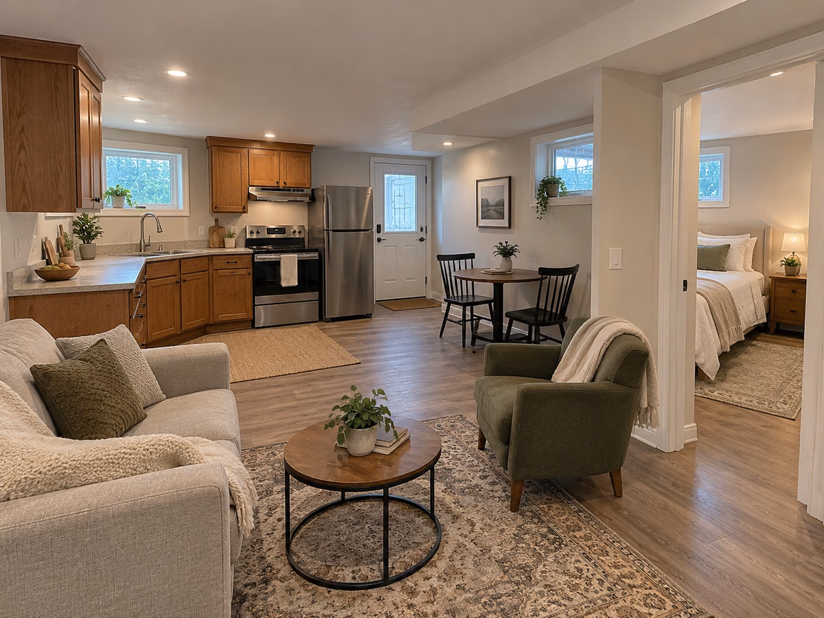 Basement apartment layout with a kitchen and separate bedroom