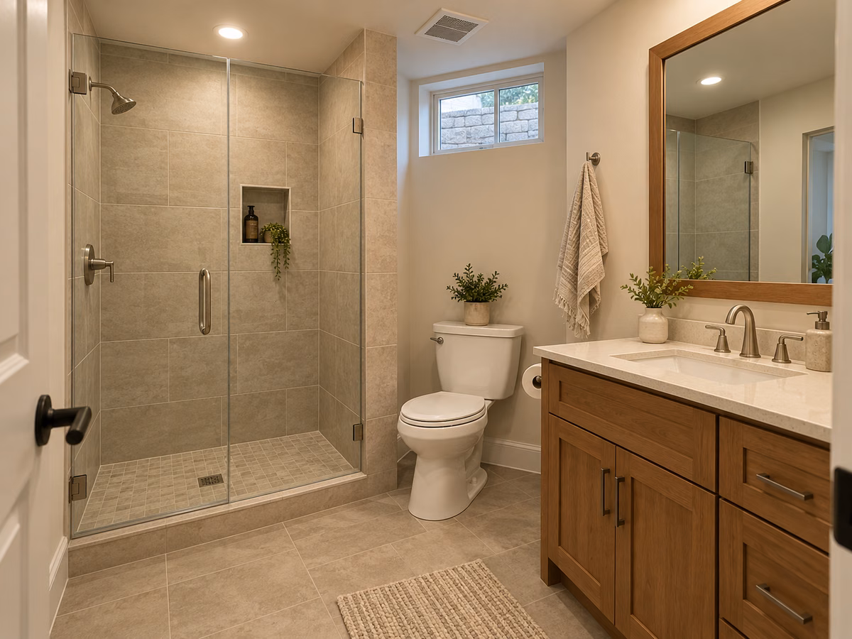 Basement bathroom with a glass shower and wood vanity