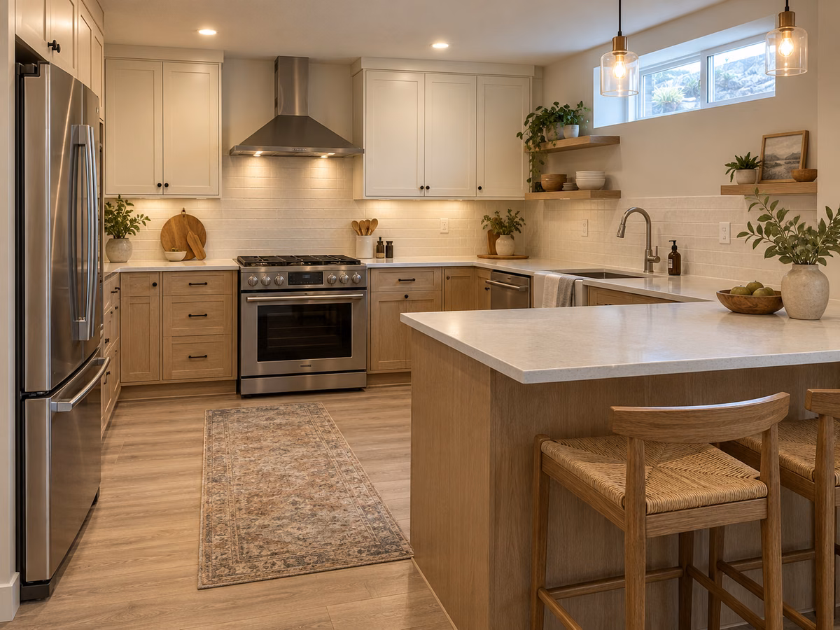 Compact basement kitchen with a range, refrigerator and peninsula