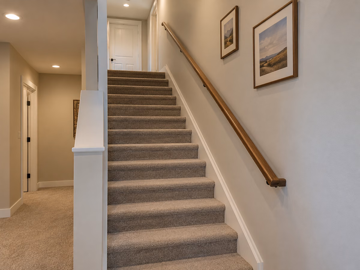 Finished basement staircase with closed risers and a continuous handrail
