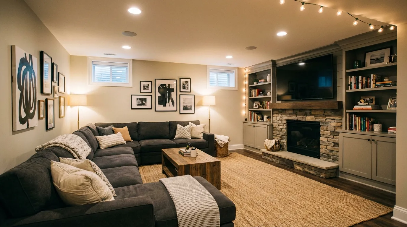 Modern basement family room in Salt Lake City