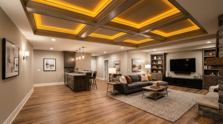 Modern basement with coffered tray ceiling and warm recessed lighting