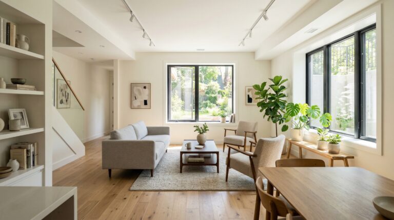 Bright basement with large windows flooding space with natural light