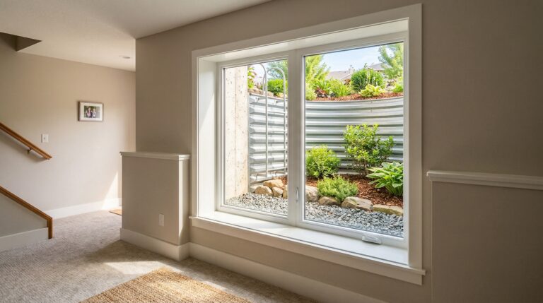 Basement egress window with natural light streaming through window well