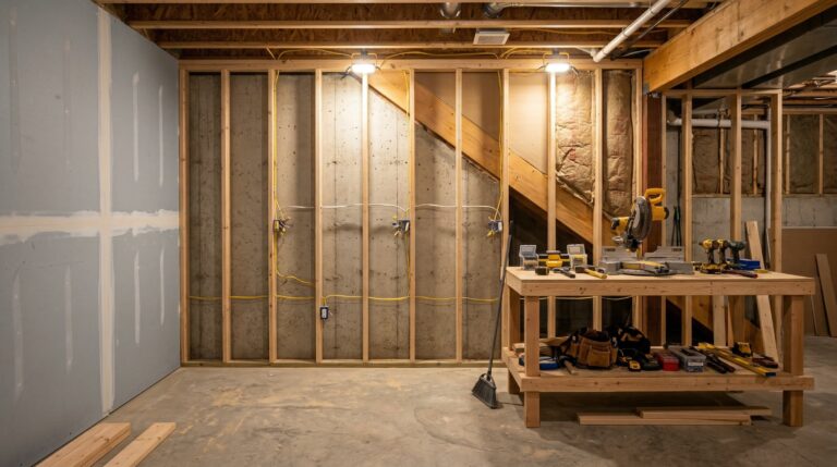Basement under construction with clean framing and organized tools