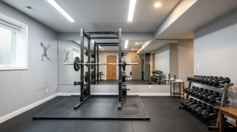 Home gym setup in a finished basement with power rack and mirrors