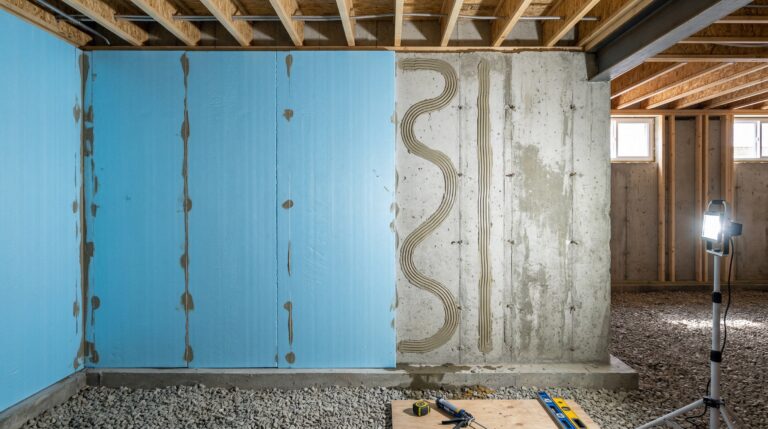 Rigid foam insulation being installed on basement walls