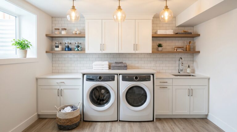 Modern basement laundry room with front-load washer dryer and countertop