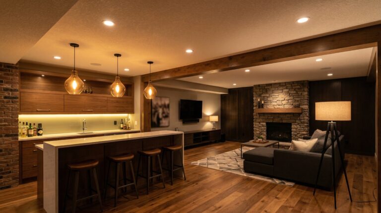 Finished basement showcasing layered lighting with recessed and pendant fixtures