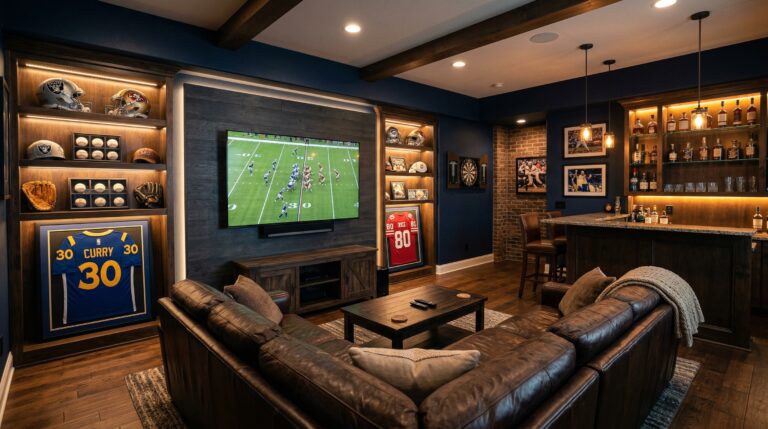 Basement man cave with large TV leather sectional and mood lighting