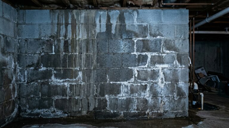 Basement wall showing moisture stains and condensation problems