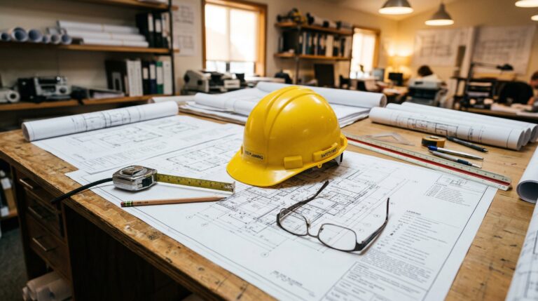 Building blueprints spread on table with hard hat and tape measure
