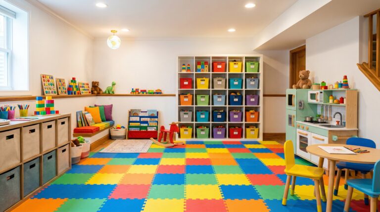 Colorful kids playroom in basement with toy storage and foam flooring