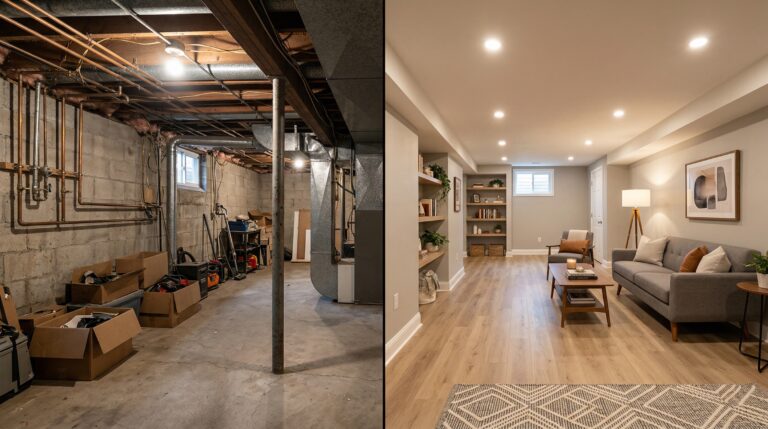 Dramatic before and after basement remodel comparison