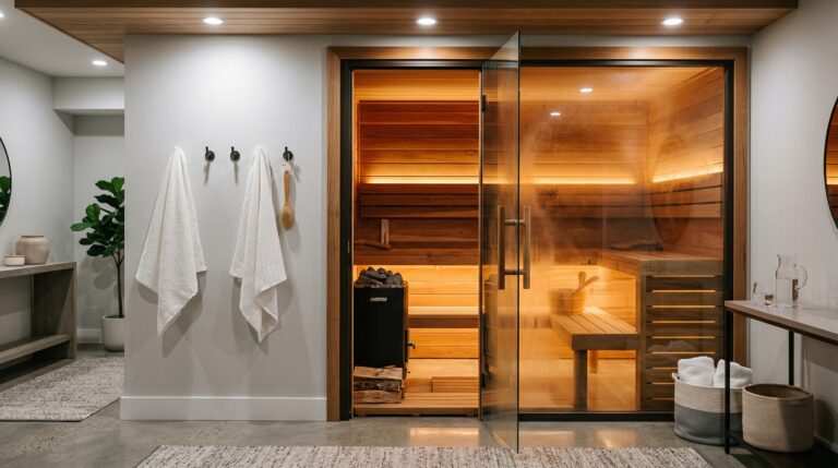 Cedar sauna built into finished basement with warm amber glow