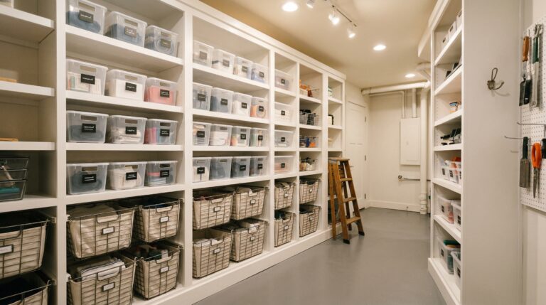 Organized basement with built-in white shelving and labeled bins
