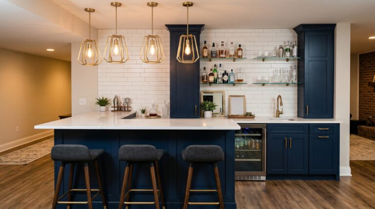 Stylish basement wet bar with quartz countertop and pendant lights