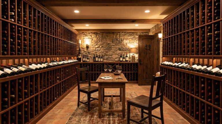 Basement wine cellar with wooden racks and ambient warm lighting