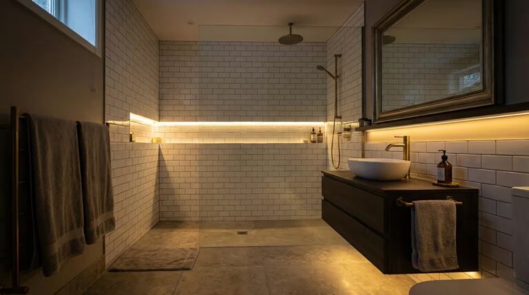 Modern basement bathroom with tile shower