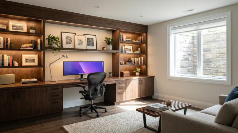 Basement home office workspace