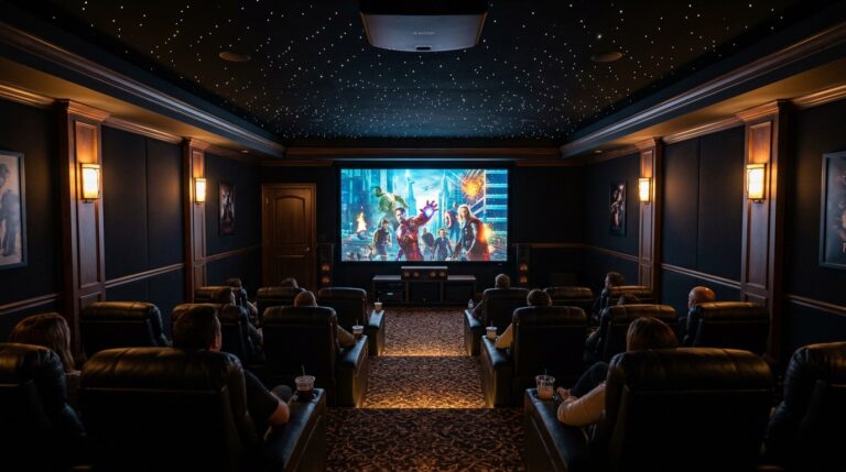 Luxury basement home theater room with rows of leather recliners facing a large projection screen