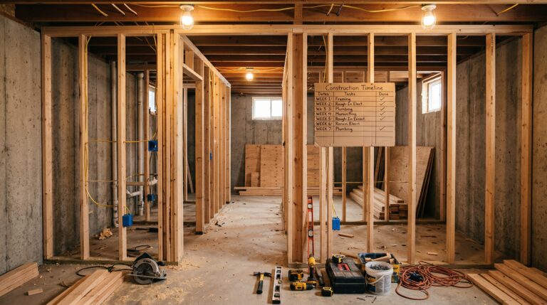 Partially framed basement showing construction timeline progress