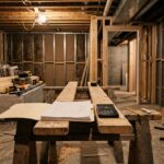 Basement renovation with cost estimate papers and calculator on sawhorse