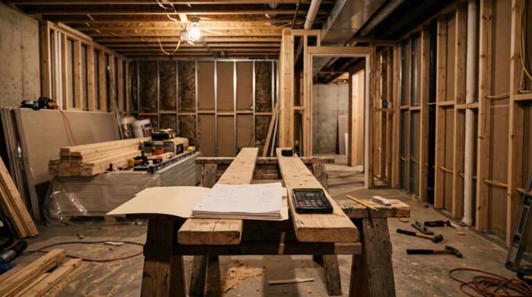 Basement renovation with cost estimate papers and calculator on sawhorse