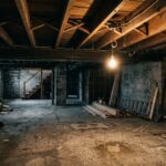 Raw unfinished basement with exposed joists and single light bulb
