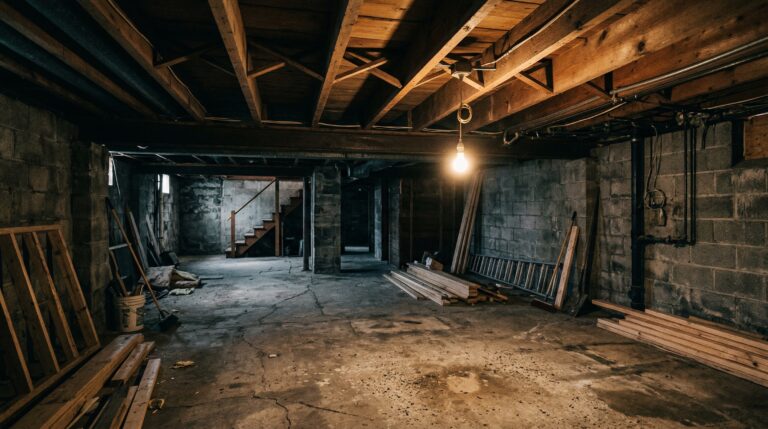 Raw unfinished basement with exposed joists and single light bulb