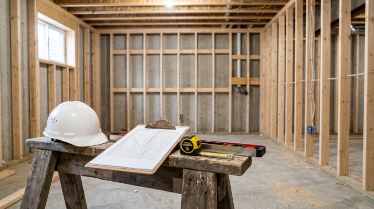 Basement framing inspection with clipboard hard hat and measuring tools