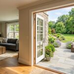 Beautiful walkout basement with French doors open to landscaped patio