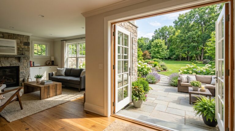 Beautiful walkout basement with French doors open to landscaped patio